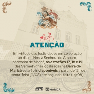 Bicicletas &#039;Vermelhinhas&#039; ficam indisponíveis para retirada nas estações 17, 18 e 19 durante a programação da festa da padroeira de Maricá